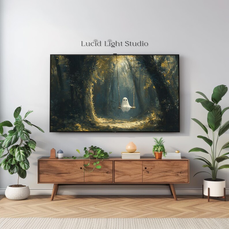 An oil painting of a cute ghost wearing sitting on a tree swing in the forest. Dappled light shines down on the ghost through the forest canopy. Painted with visible rough brush strokes in the style of dark academia and dark cottagecore.