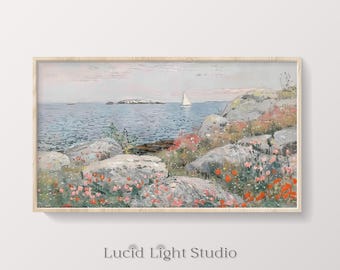Seascape Painting | Wildflower Painting | Sailboat on Ocean Waves | Seascape Painting | Samsung Frame TV Art | TV Art | Digital Download