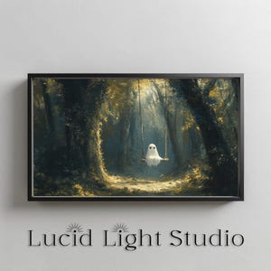An oil painting of a cute ghost wearing sitting on a tree swing in the forest. Dappled light shines down on the ghost through the forest canopy. Painted with visible rough brush strokes in the style of dark academia and dark cottagecore.