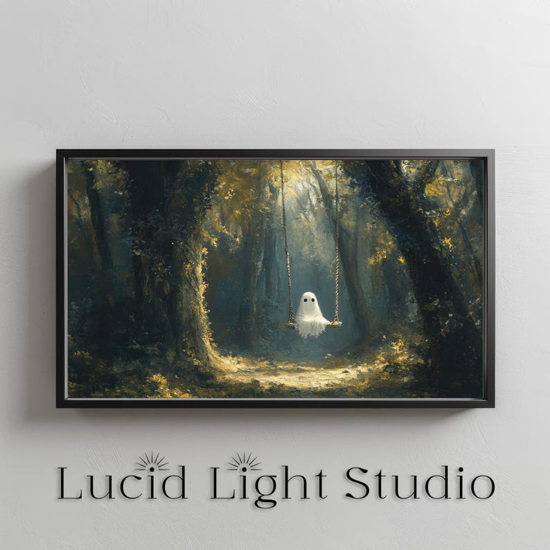 An oil painting of a cute ghost wearing sitting on a tree swing in the forest. Dappled light shines down on the ghost through the forest canopy. Painted with visible rough brush strokes in the style of dark academia and dark cottagecore.