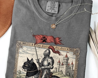 May include: Gray Comfort Colors t-shirt featuring a graphic of a knight riding a black cat, with a red banner displaying a paw print. The graphic includes the text "Two Souls One Quest". A silver necklace with a pendant is draped on the shirt.