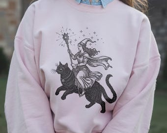 Sorceress Riding Black Cat T-Shirt, Vintage Witch Graphic Tee, Fantasy Hoodie, Whimsical Fairytale Sweatshirt, Witchy Lover Gift Castlecore