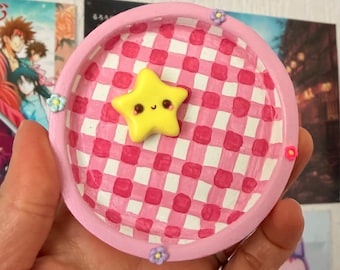 Hand-Painted Gingham Star Trinket Dish: Air Dry Clay Tray, Floral Edges