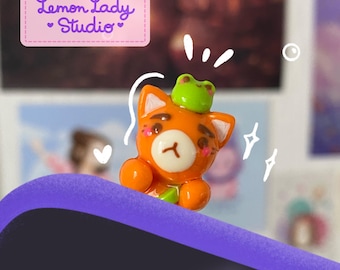 Kawaii Ginger Cat Phone Charm: Handmade Polymer Clay Frog Peeker