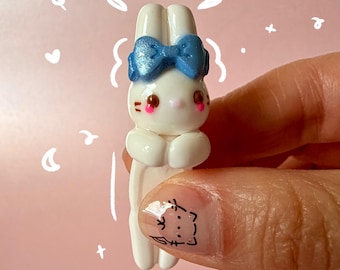 Kawaii Bunny Phone Charm: Handmade Polymer Clay Peeker with Blue Bow