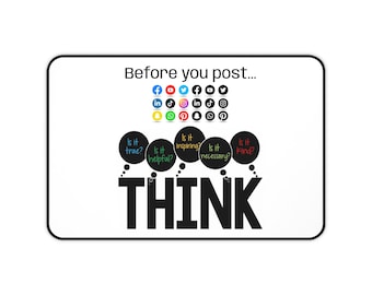 DENK NA voordat je een bericht plaatst Bureaumat | Herinnering sociale media, doordachte vragen muismat