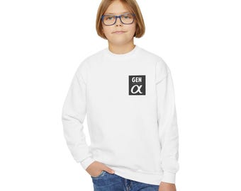 6-7 generatie Alpha-logo jeugd sweater met ronde hals | minimalistisch vierkant embleem