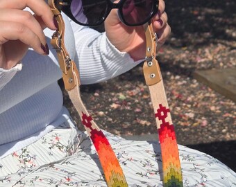 Handwoven Eyeglass Strap Sunglass Neck Holder Woven Glasses Lanyard with Leather Ends Adjustable Eyewear Rainbow Boho Strap Unisex Gift