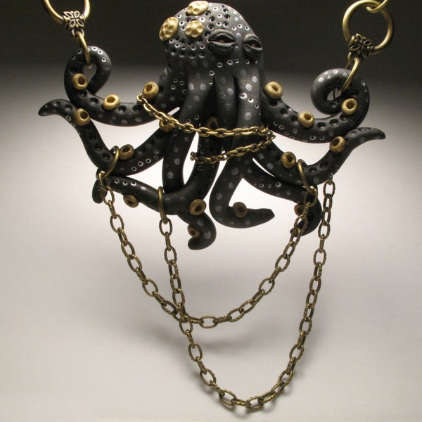 Spotted Octopus Necklace - Polymer Clay Sculpture - Whimsical Jewelry