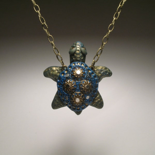 Blue Turtle Necklace -  Polymer Clay Jewelry