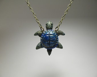 Blue Turtle Necklace -  Polymer Clay Jewelry - Handmade Jewelry