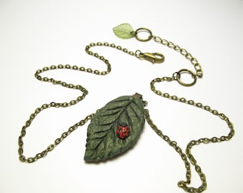 Leaf Ladybug Necklace - Nature Lover - Polymer Clay Jewelry