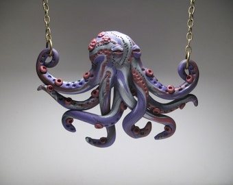 Small Purple Octopus Necklace - Polymer Clay Jewelry - Wearable Art