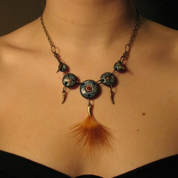Warrior Queen Necklace - Polymer Clay and Feather