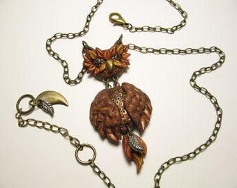 Owl Necklace - Fall Jewelry - Polymer Clay Jewelry - Wearable Art