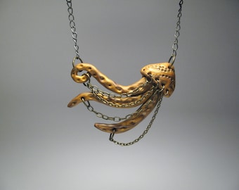 Gold Jellyfish Necklace - Wearable Art Sculpture - Polymer Clay Jewelry