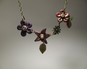 Purple Flower Bib Necklace - Everlasting Bouquet - Artisan Jewelry