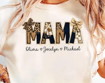 Comfort Colors® Custom Mama Shirt, Personalized Name Patchwork Shirt, Faux Embroidery Leopard Mama Tee, Coquette Mom Shirt, Mothers Day Gift