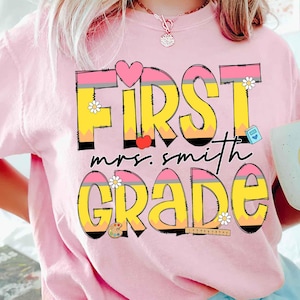 Custom Teacher Pencil Name Shirt, Personalized First Grade Teacher Tee, Retro Teacher TShirt, Gift for Teacher, 1st Day Back to School Shirt