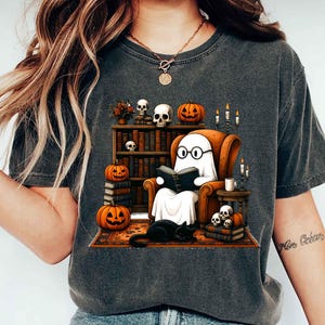 Retro Ghost Reading Books Comfort Colors Shirt, Librarian Ghost Halloween, Halloween Teacher Tee, Halloween Shirt, Teacher Gift