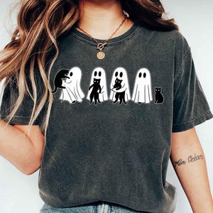 Halloween Black Cat & Ghost Comfort Colors Shirt, Halloween Ghost Tshirt, Spooky Season Cat Tee, Halloween Cute Women Outfit, Halloween Gift