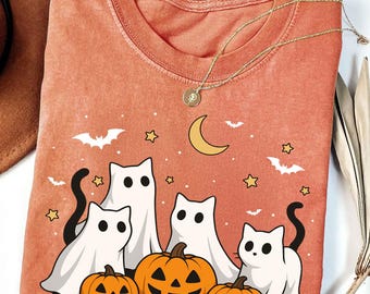 Comfort Colors® Ghost Cat Shirt, Spooky Cat Lover Tee, Retro Halloween Cat Shirt, Cute Fall Ghost Cat Graphic Shirt