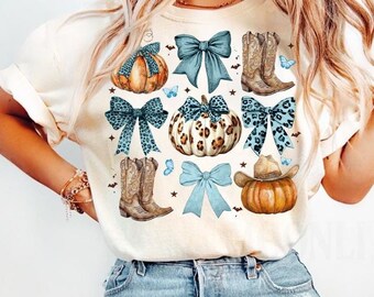 Howdy Fall Western Pumpkin Comfort Colors Shirt, Fall Shirt, Western Pumpkin Shirt, Coquette Bow Pumpkin Shirt, Turquoise, Leopard Print