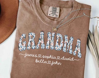Personalized Grandma Comfort Colors Shirt, Floral Grandma Shirt with Grandkids Names, Custom Grandma Gift, Mother’s Day Grammy Tee