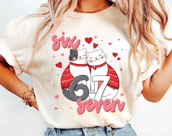 Cats Valentine 6 7 Sweater, Funny 67 Six Seven Valentine Shirt, Coquette Bow Heart Tee, Viral Internet Joke, Preppy Valentine Gift