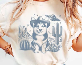 Corgi Shirt, Corgi Vintage Shirt UFO Western Shirt, Retro T-Shirt, Cowboy TShirt, Wild West, Dogful DogMom, Dogfulness Shirting Corgeek