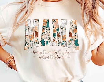Custom Mama Shirt With Kids Names, Personalized Shirt for Mama, Mother's Day Gift from Kids, Boho Floral Mama Tshirt Gift for Mom