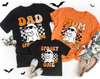 Custom Halloween Birthday Shirt Personalized Ghoul Kids Shirt, Dad Mom of The Spooky One Retro Halloween Ghost 1st Bday Shirt