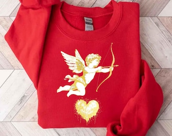 Gold Cupid Sweatshirt, Valentine’s Cupid Sweatshirt, Heart Cupid Shirt, Romantic Valentine Gift, Trendy Love Aesthetic Top