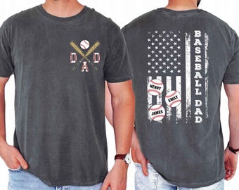 Custom Baseball Dad Shirt with Kids Name, Baseball Dad 2-Sided Shirt, Gift For Dad, Father's Day Shirt, Baseball Season Tee, Baseball Lover