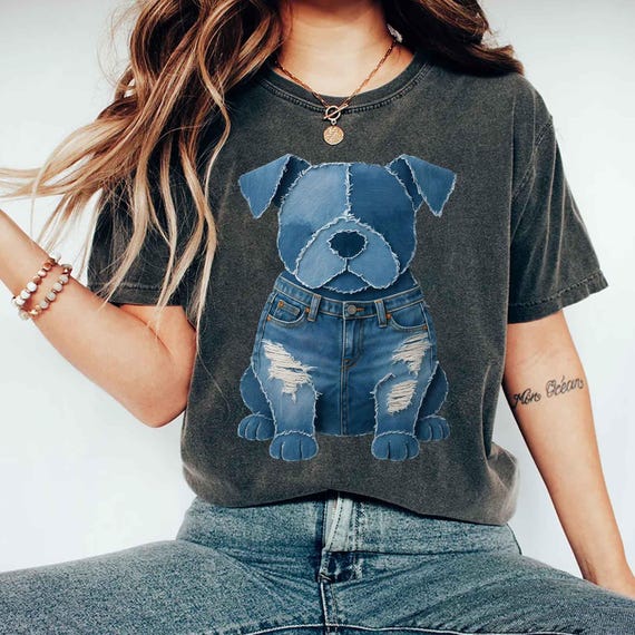 Dog pattern denim patchwork art T-Shirt, women's dog pattern denim patchwork art shirt, Unisex tee retro funny denim patch animal dog print