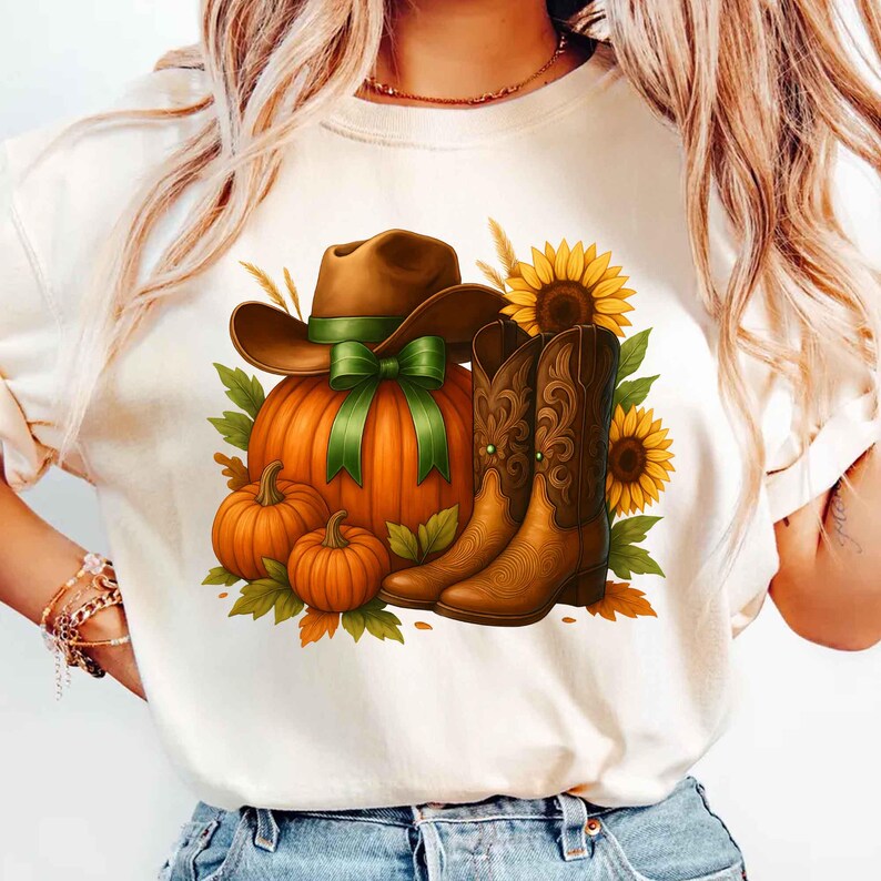 May include: Cream-colored t-shirt featuring a fall-themed graphic. The design includes a brown cowboy hat, a large orange pumpkin with a green ribbon, brown cowboy boots, sunflowers, and smaller pumpkins. The overall theme is autumn and harvest.