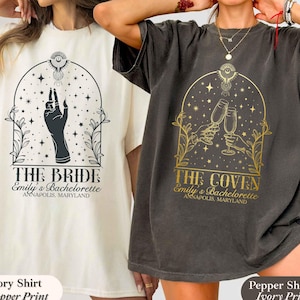 Custom Witchy Bachelorette Shirt, Halloween Bachelorette Party Shirt, Witchy Bride Shirt, Bride and Coven Celestial Bach, Gothic Wedding Tee
