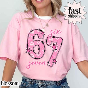 May include: A light pink t-shirt with the number "67" in a pink and white pattern, outlined in black. The word "six" is above the number, and "seven" is below. The shirt also has a "fast shipping" graphic.