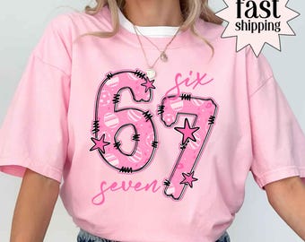 67 Meme Shirt Pink, Funny Six Seven Tee, Viral Number 67 Sweatshirt, Retro Colorful Gen Z Trend Shirt, Trendy 67 Graphic Tee