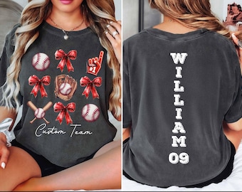 Personalized Baseball Mama Shirt with Bow, Team Mom T Shirt with Kid Name number, Mascot Custom Jersey, Tball Mom Shirt, Baseball Sister Tee