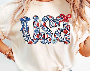 Coquette USA Comfort Colors Tshirt, Cute American Tee, Girly Fourth Of July Shirt, Patriotic Floral Shirt, USA Bow Tee, Gift for Her