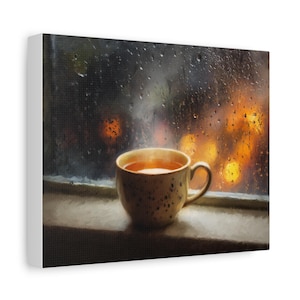 Rainy Day Teacup Canvas, Cozy Wall Art Print, Tea Lover Gift, Window and Table Aesthetic, Calm Kitchen or Reading Nook Home Decor