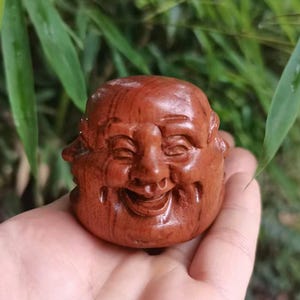 Four Faces wood Buddha Head Sculpture, Vintage wooden Happy Laugh Maitreya Buddha Head Statue wood Four Pleasure Anger Sorrow Joy gift X051