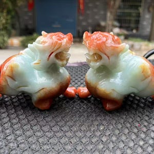 A Pair Feng Shui  jade QiLin Long Statue, Chinese Feng Shui Lucky Loong, Foo Lion Dog Figurine for Luck Success, Zodiac Crystal Healing ZT11