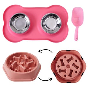Puede incluir: Un cuenco doble para perros en forma de hueso rosa con una pala rosa a juego. El juego de cuencos está sobre un fondo blanco. También hay un cuenco de alimentación lenta marrón con forma hexagonal y un centro elevado con hendiduras en forma de hueso.