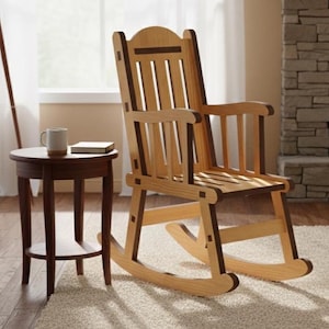 May include: A wooden rocking chair with a light brown finish and dark brown accents. The chair has a slatted back and armrests. A small, round side table with a mug and book sits nearby. The chair is on a beige rug.
