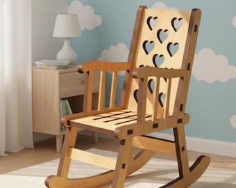 Silla mecedora de madera SVG / Archivo de corte láser / Patrón de corazón para silla en miniatura / Juguete de madera para armar / Dxf Eps Ai Cdr / Descarga digital