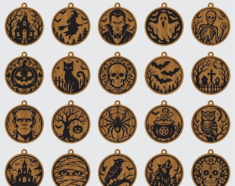 Paquete de archivos SVG de Halloween, 20 adornos espeluznantes de Halloween, bruja, fantasma, esqueleto, calabaza, archivo de corte láser, Dxf, Eps, Ai, Cdr, descarga digital