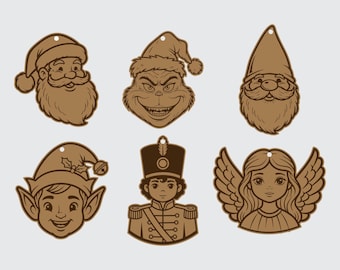 Laser Cut / Engrave Christmas Ornaments Featuring Santa, Grinch, Gnome, Elf, Nut Cracker & Angel - Ai, Eps, Dxf, Svg, Cdr - Digital Download