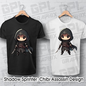 May include: Two t-shirts with a black and white design of a chibi assassin holding two daggers. The text "Shadow Sprinter: Chibi Assassin Design" is at the bottom of the image.